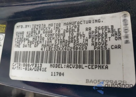 2004 Toyota Camry Le from USA, damaged, VIN 4T1BE32KX4U290459